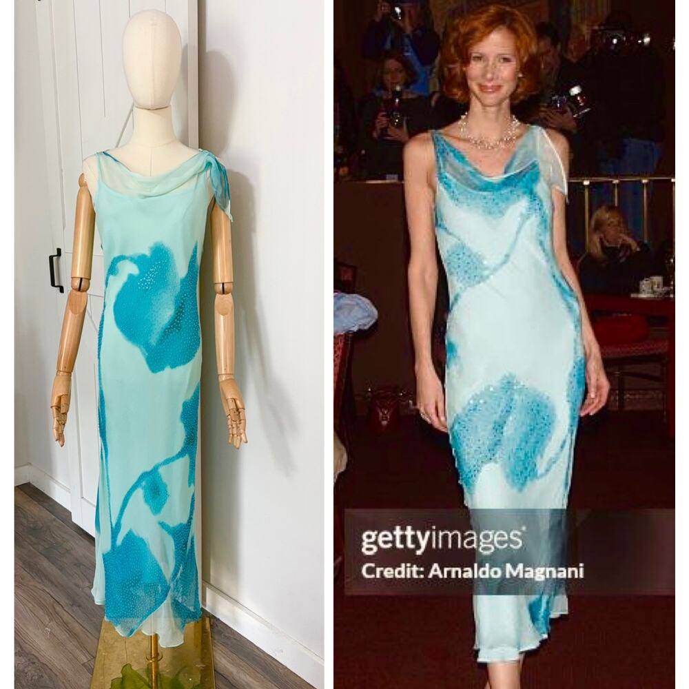 NWT VTG JANE SEYMOUR Size 10 Silk Y2K Fairy Aqua Teal Beaded Bias Cut Maxi Dress